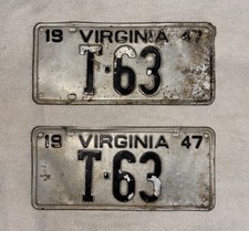 Pair of 1947 Virginia License Plates-Low Number  3 Digit Tag T-63 picture