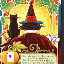 Witch 1910's Ace of Hearts Antique Halloween Midnight Cat Nash PostCard SR.H.wA picture