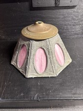 A Beautiful Antique 8 Panel Art Nouveau Pink Slag Glass & Bronze 6” Lamp Shade picture
