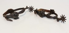 Antique Spurs Pair Western Horseback Riding Iron With Leather Straps picture