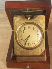 Antique Waltham 8 Day Travel Clock Engraved Brass Mechanical  Watch Boxed (Read) picture
