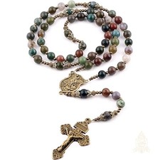 Catholic Town India Agate Natural Stone Beads, Rosary with Caps St Michael medal picture