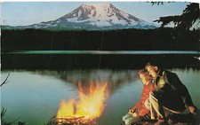 Postcard WA: Mt. Adams from Takhlakh Lake, Couple Campfire Posted 1954 picture