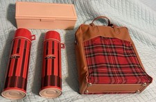 vintage 1971 Red Plaid THERMOS “KING SEELEY” Travel Picnic Set w/Canvas Bag 4 Pc picture