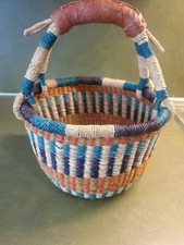 Handwoven Vintage Bolga Basket From Ghana Leather Wrapped Handle 9x11 Multicolor picture