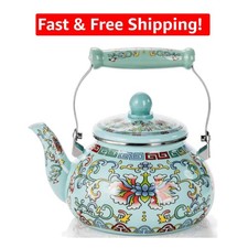 2.6 Quart Vintage Floral Enamel Tea Kettle with Ceramic Handle - Safe & Elegant picture