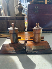 Vintage Nautical Ship Bookends Pair, Brown Wood & Metal Plaque, 1900-1949 picture