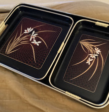 Vtg Japanese LaquerWare Nesting Tray Set White Flowers Gold Stems Black Laquer picture