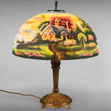 Vintage Reverse Painted Landscape Table Lamp Kinkade Style picture