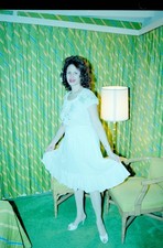 1991 Woman in White Ruffle Dress Posing Indoors Night 35mm Negative picture
