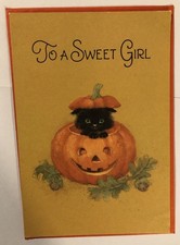 Vintage Hallmark Halloween greeting card To A Sweet girl Pumpkin Black Cat picture