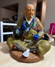 Vintage Japanese Seated Elder Man Figurine Statue in Kimono Robe w/ Blue Gloves picture