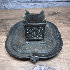 Antique Chinese Bronze Square Inkwell Desk Stand Clover Tray 4.5” picture