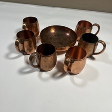 Vintage West Bend Solid Copper Mugs Set of 6 W/ Wall Copper Bowl Hammered picture