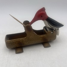 Vintage 1950s Mechanical Woodpecker on Log Toothpick Holder Dispenser Cast Metal picture