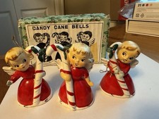 Vintage Napco Ceramic Christmas Angel Candy Cane Bells With Box picture