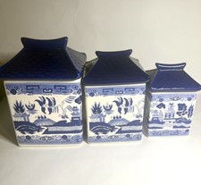 VINTAGE* 3 BLUE WILLOW PAGODE CANISTERS CHINOISERIE  picture