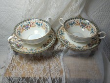 Vtg X2-Eng Aynsley Bone FLORAL BLUE-GOLD 2 Hndl Cream Soup Bowls #7821 st claire picture