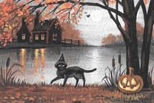 LE 4X6 HALLOWEEN POSTCARD 8/200 RYTA BLACK CAT RYTA VINTAGE STYLE ART LAKE FALL picture