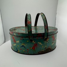 Vintage Dutch Folk Art Oval Tin Basket Windmills Double Handles Green picture