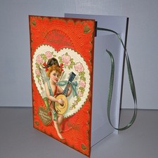 Vintage-look Valentine 2-Sided Card Paper Bucket Container Heart Angel Brand NEW picture