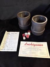 VTG 60’s LUCKIGAMES 2 DICE SHAKERS GAME CUPS & 10 DICE w/ BOX & INSTRUCTIONS picture