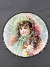 Antique Victorian Large 11” Chimney Flue Cover Young Girl With Bonnet & Doll picture