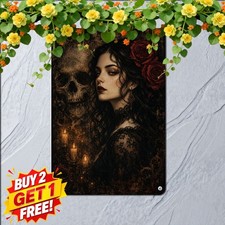 Mysterious Goth Woman Portrait Red Roses Candlelight Sign Metal Tin Plaque picture