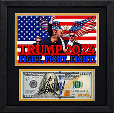 Donald Trump Framed 13x13 Matted Autographed Signed w COA $100 Bill & Fight Flag picture