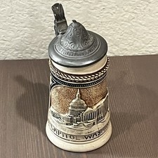 Vintage Mini Beer Stein Pewter Lid Washington DC Relief Scene Souvenir 30s/40s picture