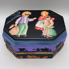 Vintage Hand Painted Halloween Wooden Box Folk Art Tole Pumpkin Witch Octagon picture