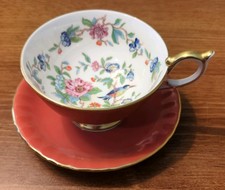 Vintage Flawless AYNSLEY Orange Tea Cup & Saucer  Birds Of Knowledge & Flowers picture