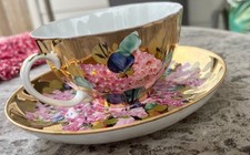 Signed Artist Dulevo Porcelain Cup & Saucer Vintage Russian Soviet Gold Floral picture