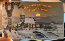 A Bright and Happy Christmas, HTL Hold to Light Vintage Postcard, Church picture