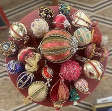 21 Vtg Handmade Push Pin Satin Beaded Christmas Sequin Ornament Lot MCM 60s 70s picture