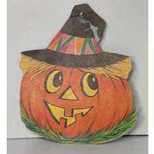Vintage Halloween Pumpkin Die Cut Jack-O-Lantern Witch Hat Cardboard Decor 6.5