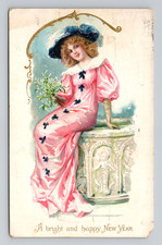 Postcard Beautiful Woman Long Dress Big Hat Flowers Portrait Tuck Embossed 1909 picture