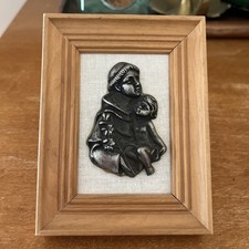Saint Anthony of Padua Holding Jesus Pewter Relief Wood Framed Italy 4x5” picture