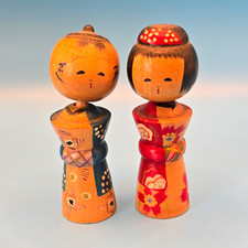 Pair Japanese Wooden Kokeshi Dolls Marked Japan on Base, Blue & Red picture