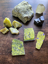 Specimen Lot: Serpentine with pyrite, Galena, Atlantisite, Healerite, Sulfur picture