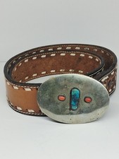 VTG Laredo TX Tooled Leather Belt 32 Carved Horse Genuine Turquoise Coral Buckle picture