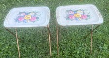 Vintage MCM CAL-DAK Metal TV Dinner Folding Tables Floral With Stand Set Of 2 picture