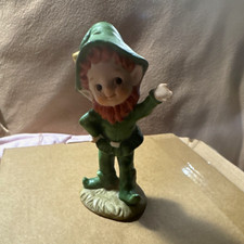 Lefton Fantasy Gnome Figurine Green Outfit Hat Waving Marked 1782 Taiwan picture