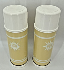 Two Holiday By Thermos With Cup, TAN YELLOW 1950’s .45 Liters ENGLAND Vtg picture