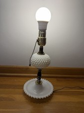 Vintage 1950's White Milk Glass Hobnail Table Lamp Base Curved Like Dish Working picture