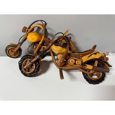 Vintage Handcrafted Wooden Motorcycle Models Set of 2 Folk Art Rustic Choppers picture
