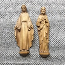 Vintage Oberammergau Woodcarving Jesus Mary German Wood Wall Statues Lot Of 2 picture