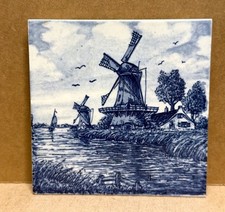 Vintage Dutch Delft Blue Tile Mid Century Two Wind Mills with Sail Boat 4 1/4 