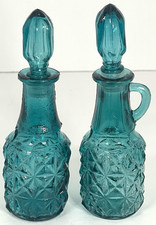 Vintage Peacock Blue Glass Oil & Vinegar Cruet Set Diamond Point Stoppers 5.25” picture
