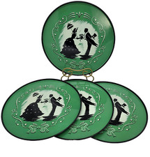 Vtg Metal Lithograph 4 Trays Platter Round Courting Victorian Couple Silhouette picture